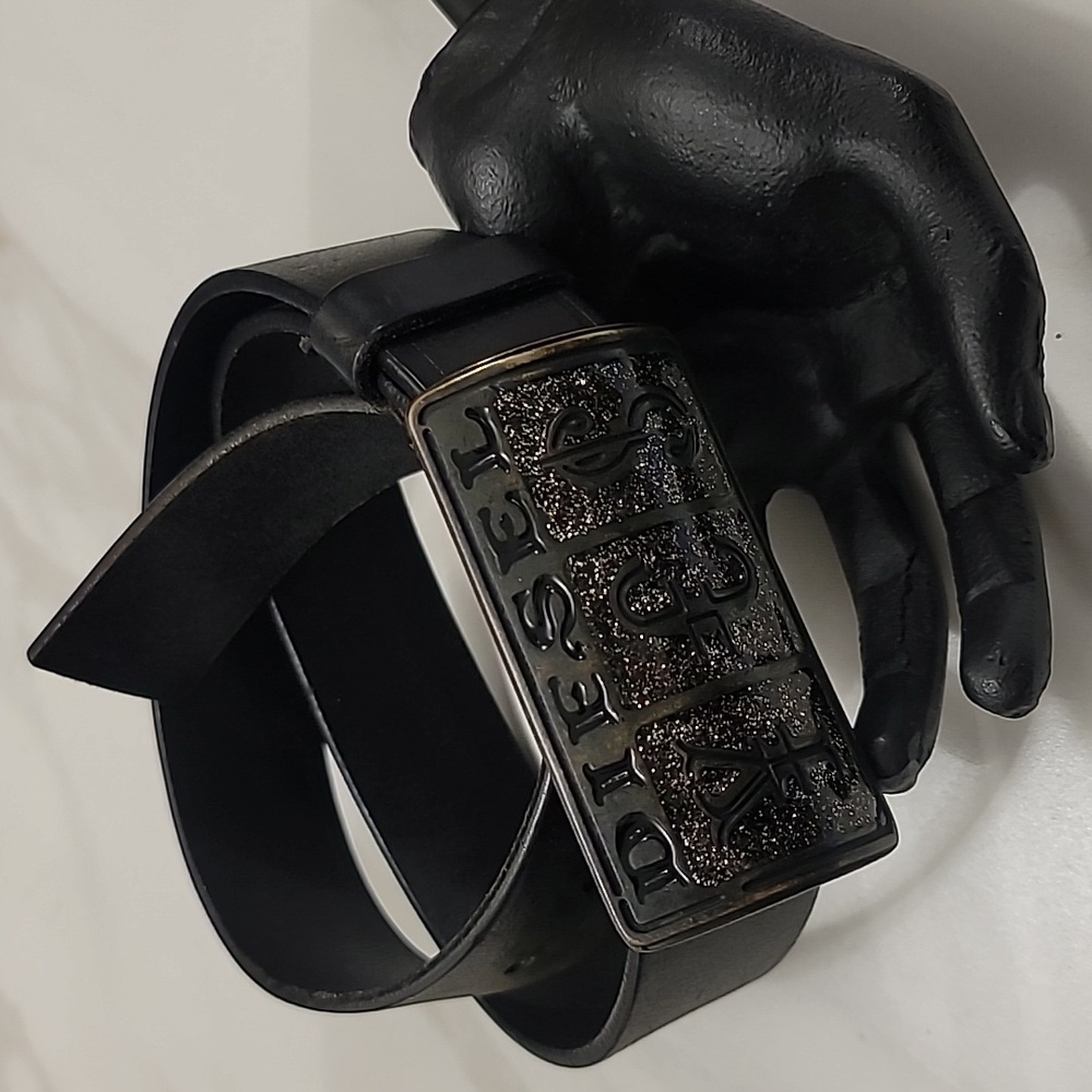 DIESEL Vintage Black Leather Belt Silver Buckle Unisex Rocker Goth Emo Y2k Sz 34